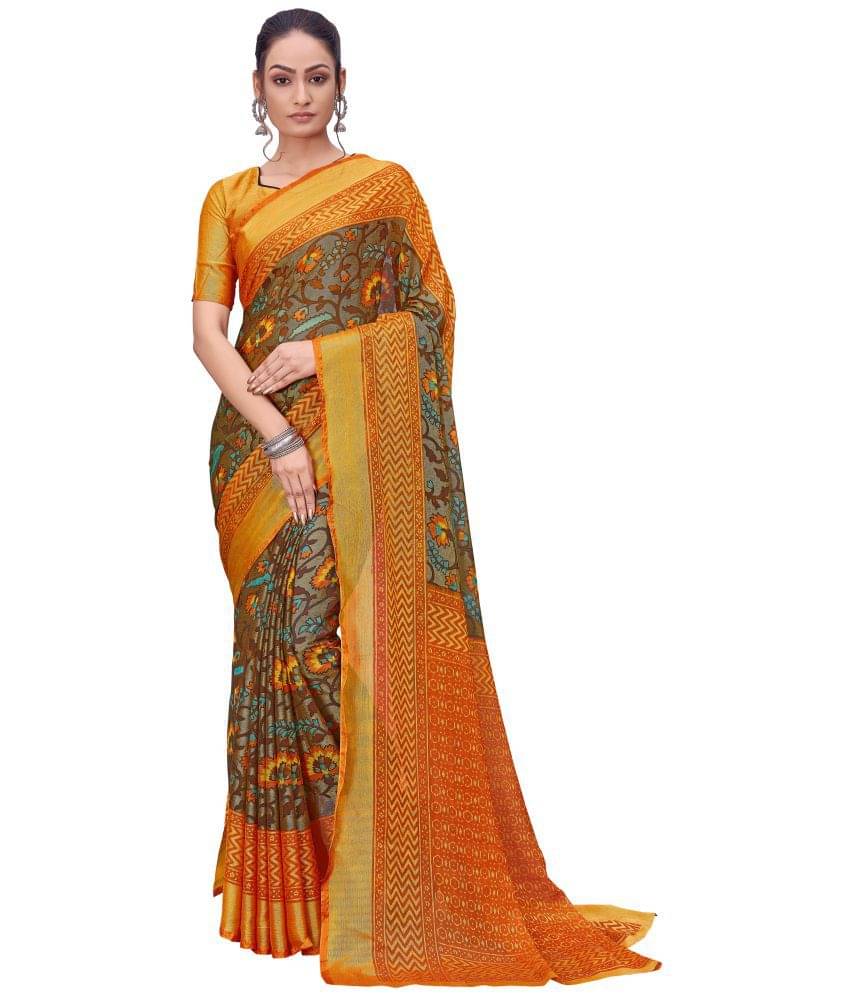     			Dressy Brasso Printed Saree With Unstitched Blouse Piece ( Brown )
