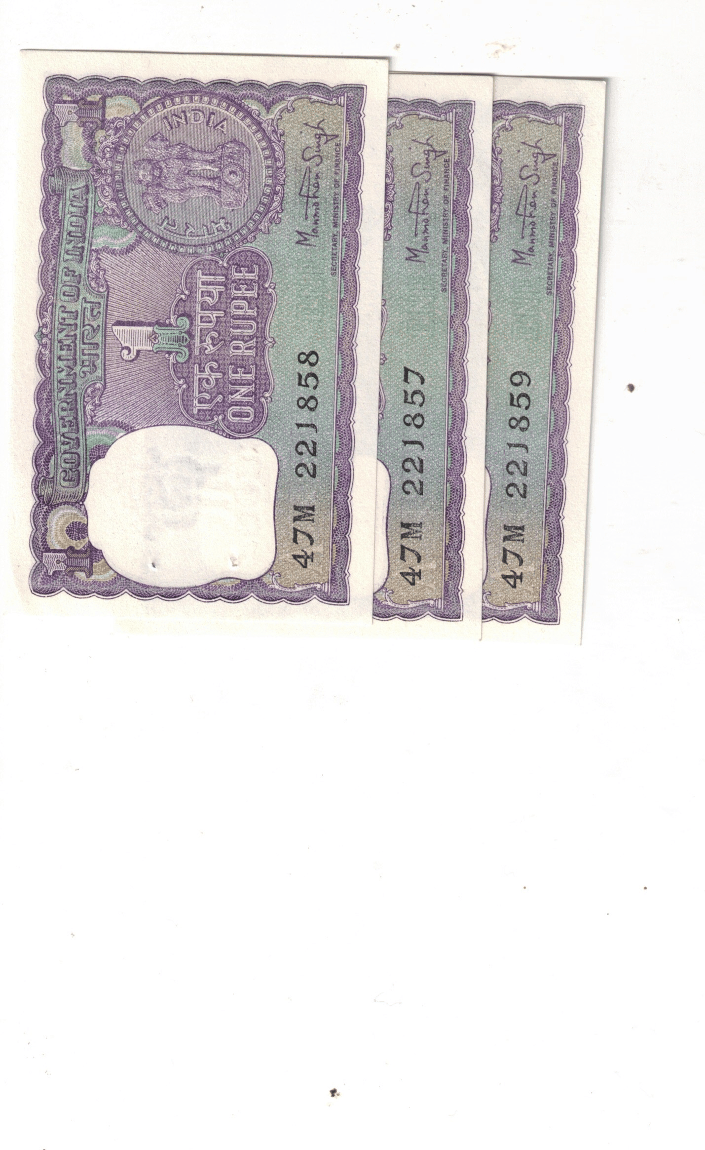     			3 PCS 1 RS GME UNC 1979 SIGN MANMOHAN SINGH S NO 221857 TO 221859 RARE SEE PHOTO