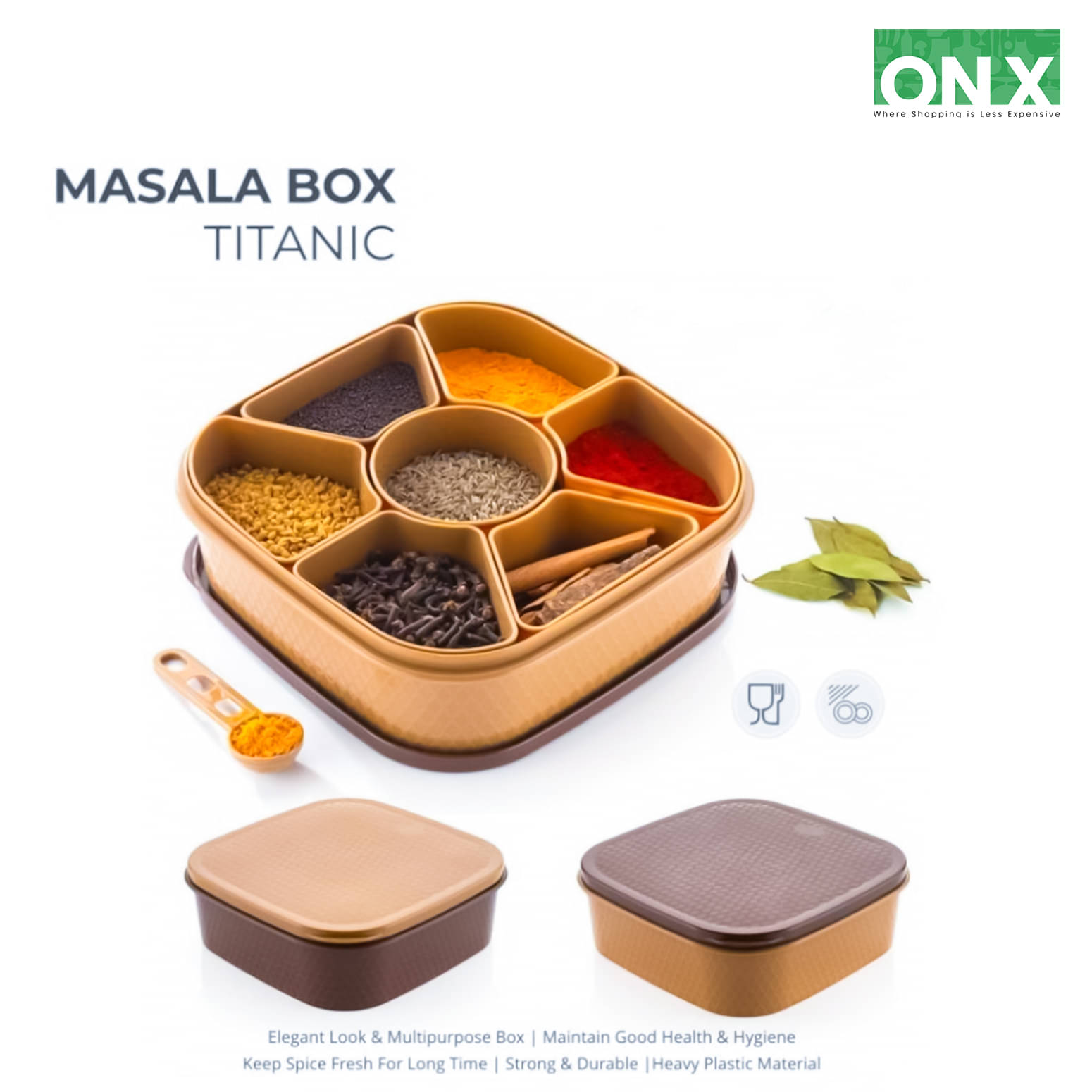     			ONX Spice Box ,Masala Box for Kitchen Plastic 7 Section and 7 spoon Set for Masala Spices ,Mediem size Masaladani Dabba