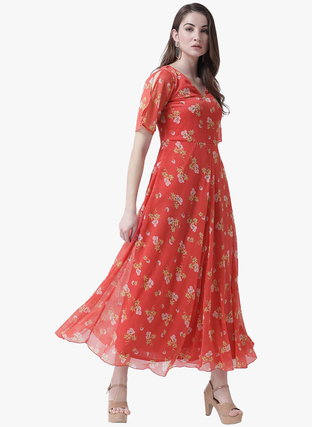 The Vanca Women Polyester Fit & Flare Dress ( Orange ) The Vanca Women Polyester Fit & Flare Dress ( Orange )