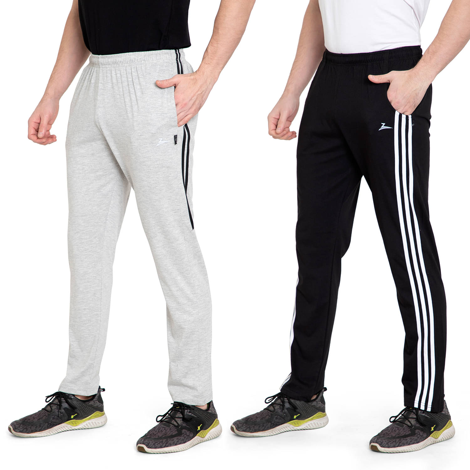     			Zeffit Solid, Striped Men Black, Grey Track Pants (Pack Of 2 )