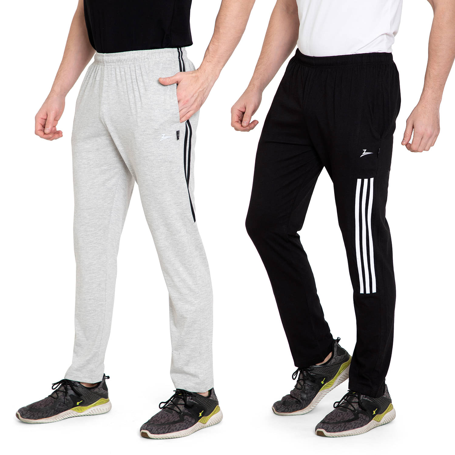     			Zeffit Solid, Striped Men Black, Grey Track Pants (Pack Of 2 )