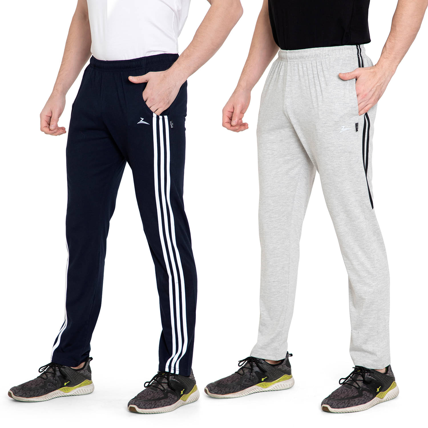 Zeffit Solid, Striped Men Navy, Grey Track Pants (Pack Of 2 )     			Zeffit Solid, Striped Men Navy, Grey Track Pants (Pack Of 2 )