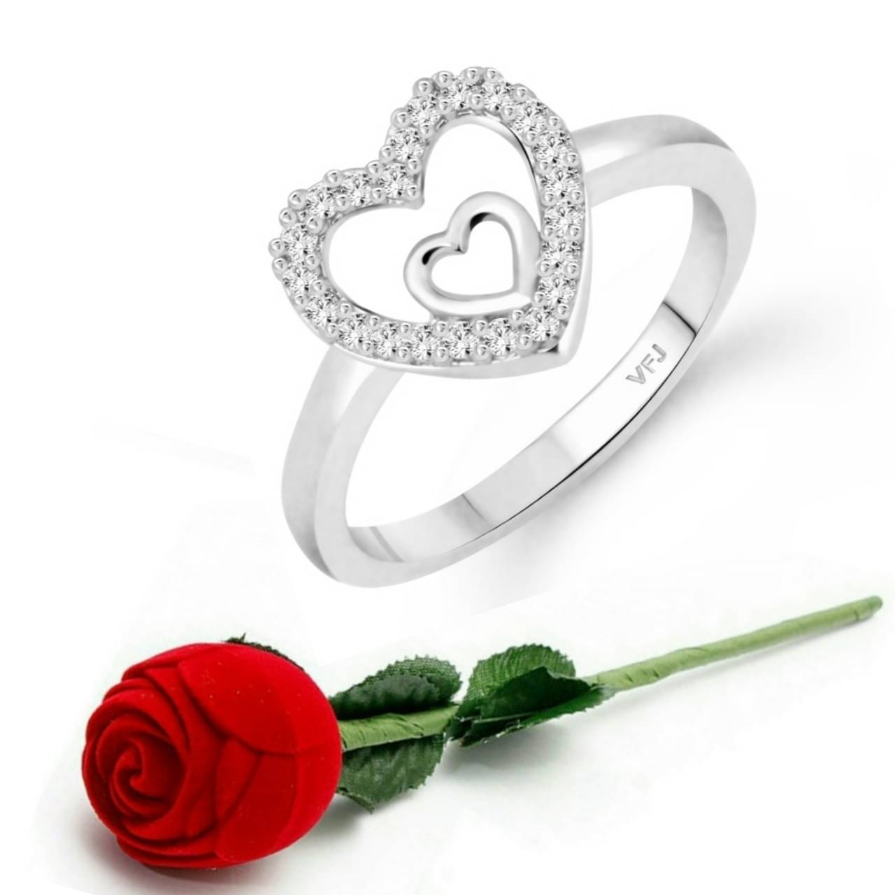     			valentine day ring rose box Silver Royal Heart Designer Ring for Women and Girls