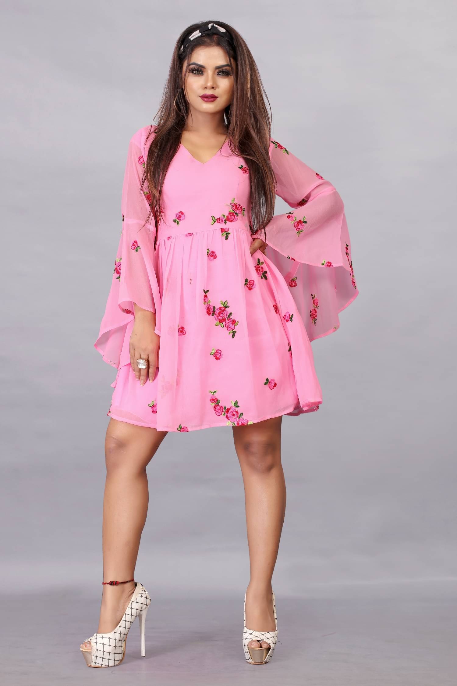 JULEE Women Georgette Printed A-line Dress ( Pink ) JULEE Women Georgette Printed A-line Dress ( Pink )