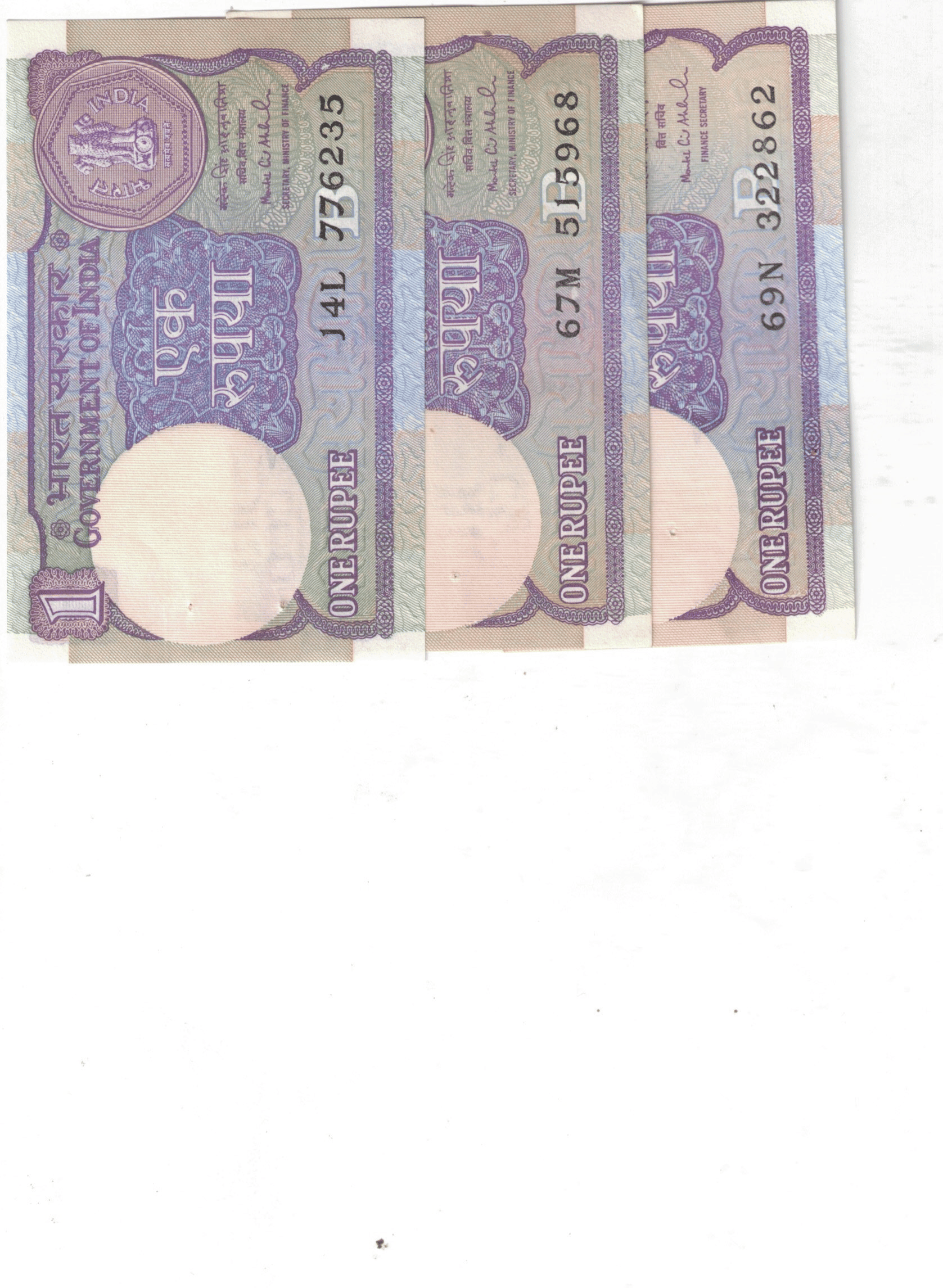     			3 PCS SET 1RS UNC 1991-1992-AND 1994  SIGN MONTEK SINGH AHLUWALIA RARE SEE PHOTO