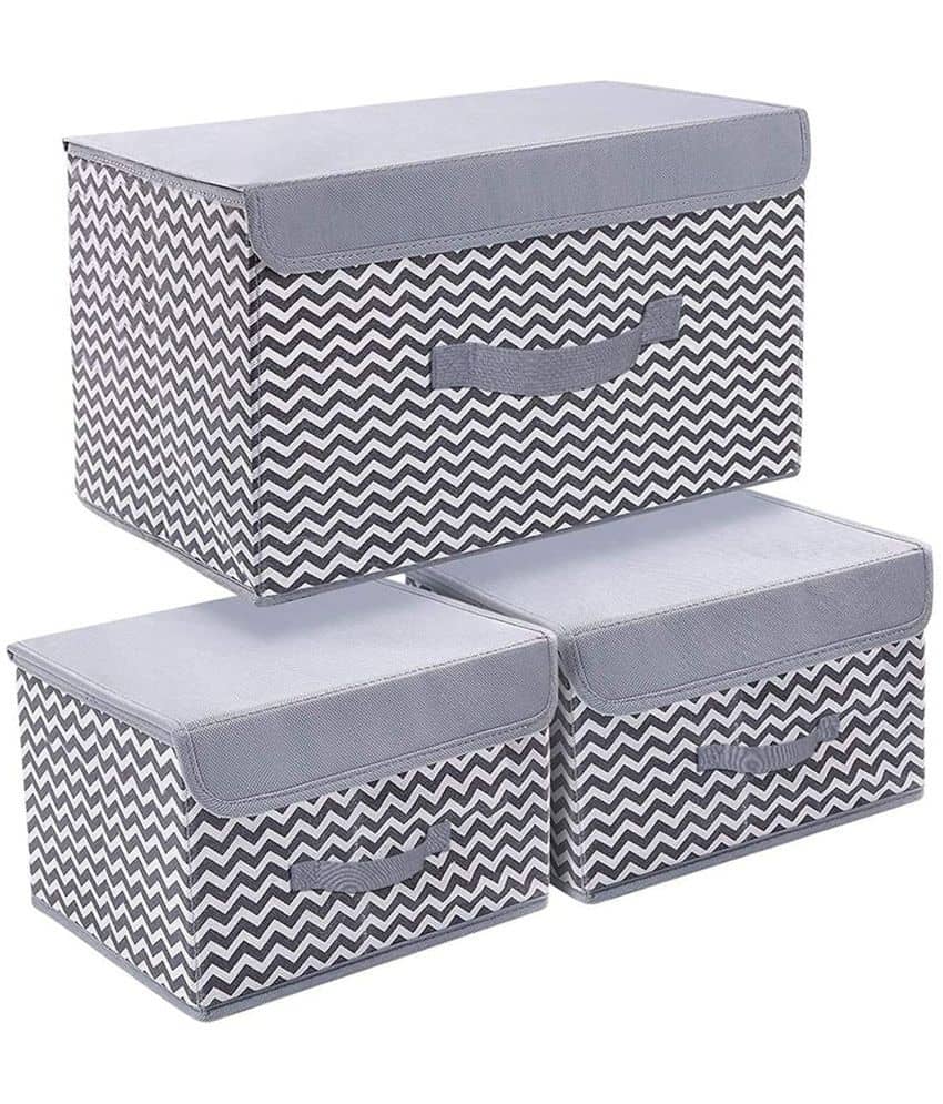 House of Quirk 3 Pack Foldable Storage Bin with Lid and Handle, Versatile Storage Baskets Boxes for Toys, Clothes, Papers, Books, Makeups - Grey Wave