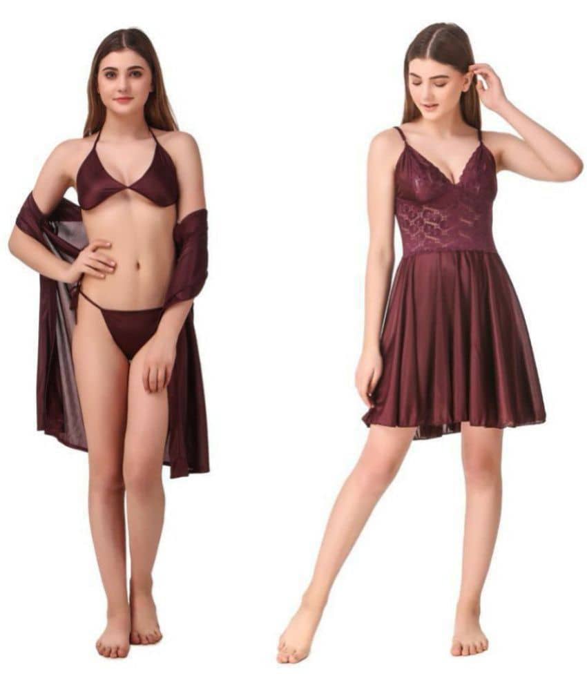 Romaisa Satin Night Dress - Brown Pack of 4 - Nightwear & Loungewear | Buy online on ZillyBuy
