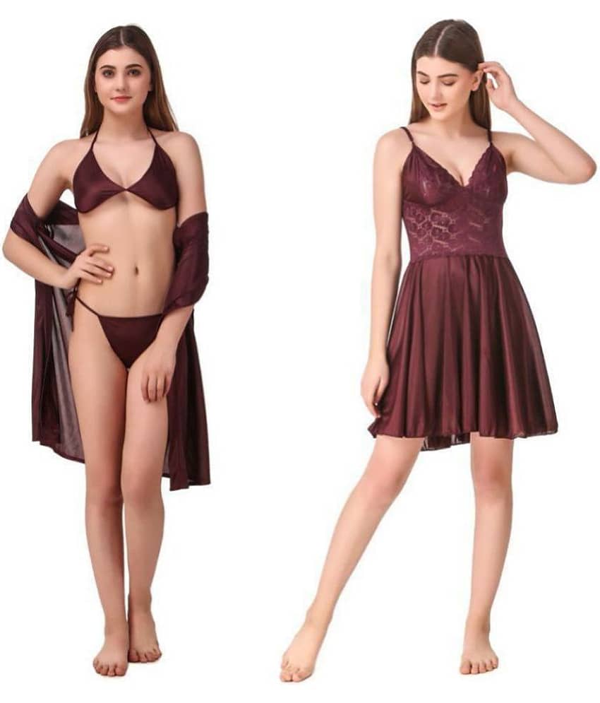 Romaisa Satin Night Dress - Brown Pack of 4 - Nightwear & Loungewear | Buy online on ZillyBuy