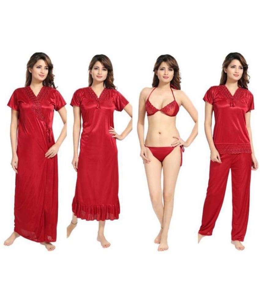 Romaisa Satin Night Dress - Maroon Pack of 6 Romaisa Satin Night Dress - Maroon Pack of 6