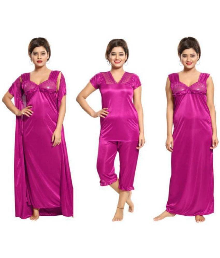 Romaisa Satin Nighty & Night Gowns - Purple Pack of 4 Romaisa Satin Nighty & Night Gowns - Purple Pack of 4