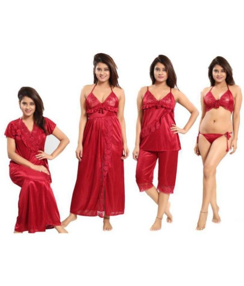 Romaisa Satin Nighty & Night Gowns - Maroon Pack of 6 Romaisa Satin Nighty & Night Gowns - Maroon Pack of 6