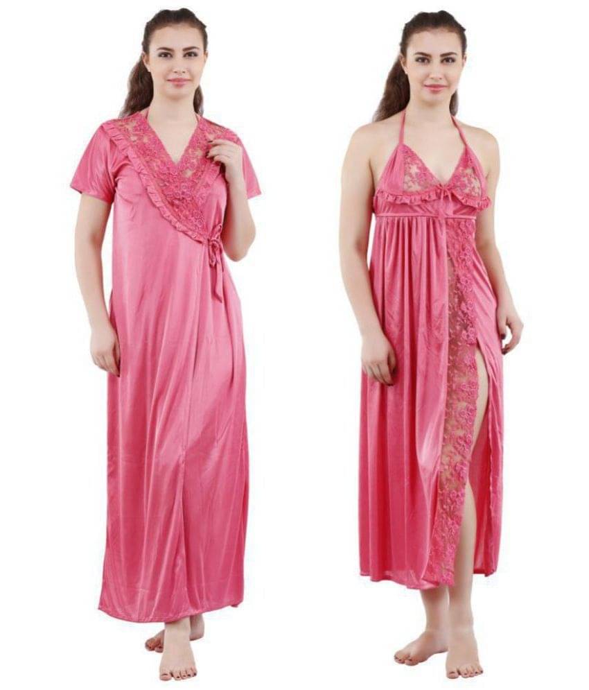 Romaisa Satin Nighty & Night Gowns - Peach Pack of 2     			Romaisa Satin Nighty & Night Gowns - Peach Pack of 2