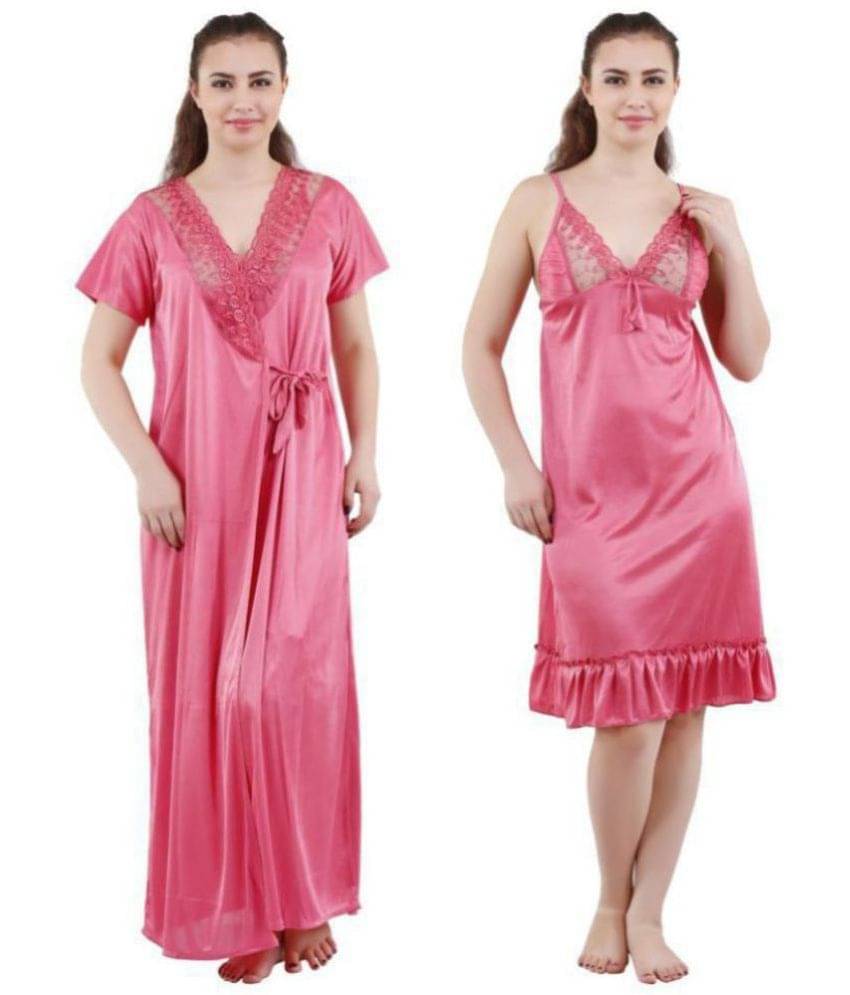 Romaisa Satin Nighty & Night Gowns - Pink Pack of 2     			Romaisa Satin Nighty & Night Gowns - Pink Pack of 2
