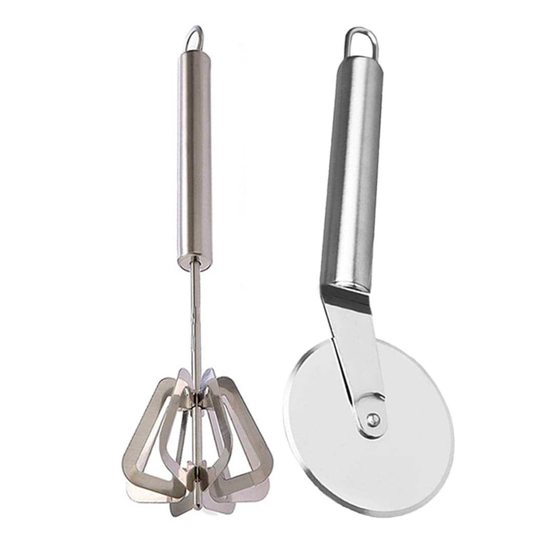     			JISUN ER31 Stainless Steel Mathani / Ravai Hand blender & Pizza Cutter Silver Kitchen Tool Set