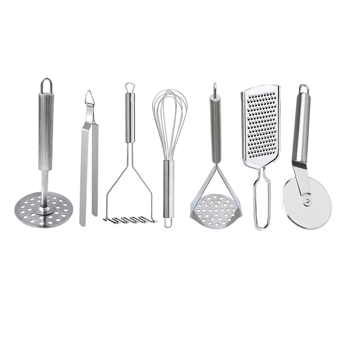 JISUN Stainless Steel Set of 7 Tools (Contains: 3 Mashers, 1 Roti chimta, 1 Whisk, 1 Pizza Cutter, 1 Grater) Silver Kitchen Tool Set JISUN Stainless Steel Set of 7 Tools (Contains: 3 Mashers, 1 Roti chimta, 1 Whisk, 1 Pizza Cutter, 1 Grater) Silver Kitchen Tool Set