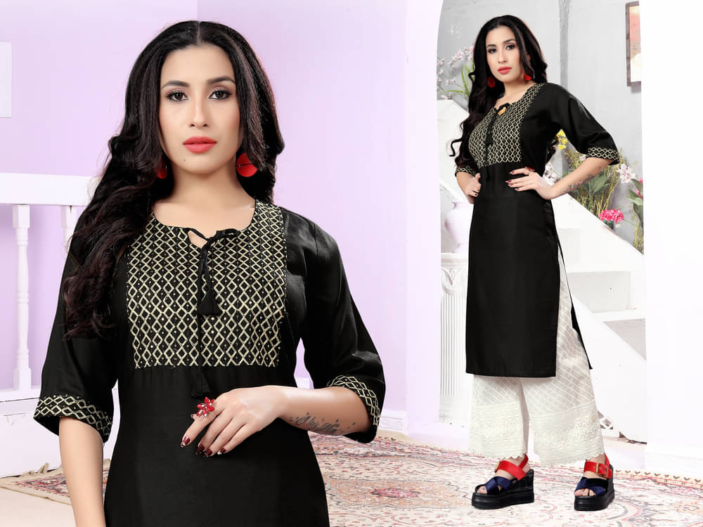 Dhruvanshi Enterprise - Black Rayon Women's Straight Kurti Dhruvanshi Enterprise - Black Rayon Women's Straight Kurti