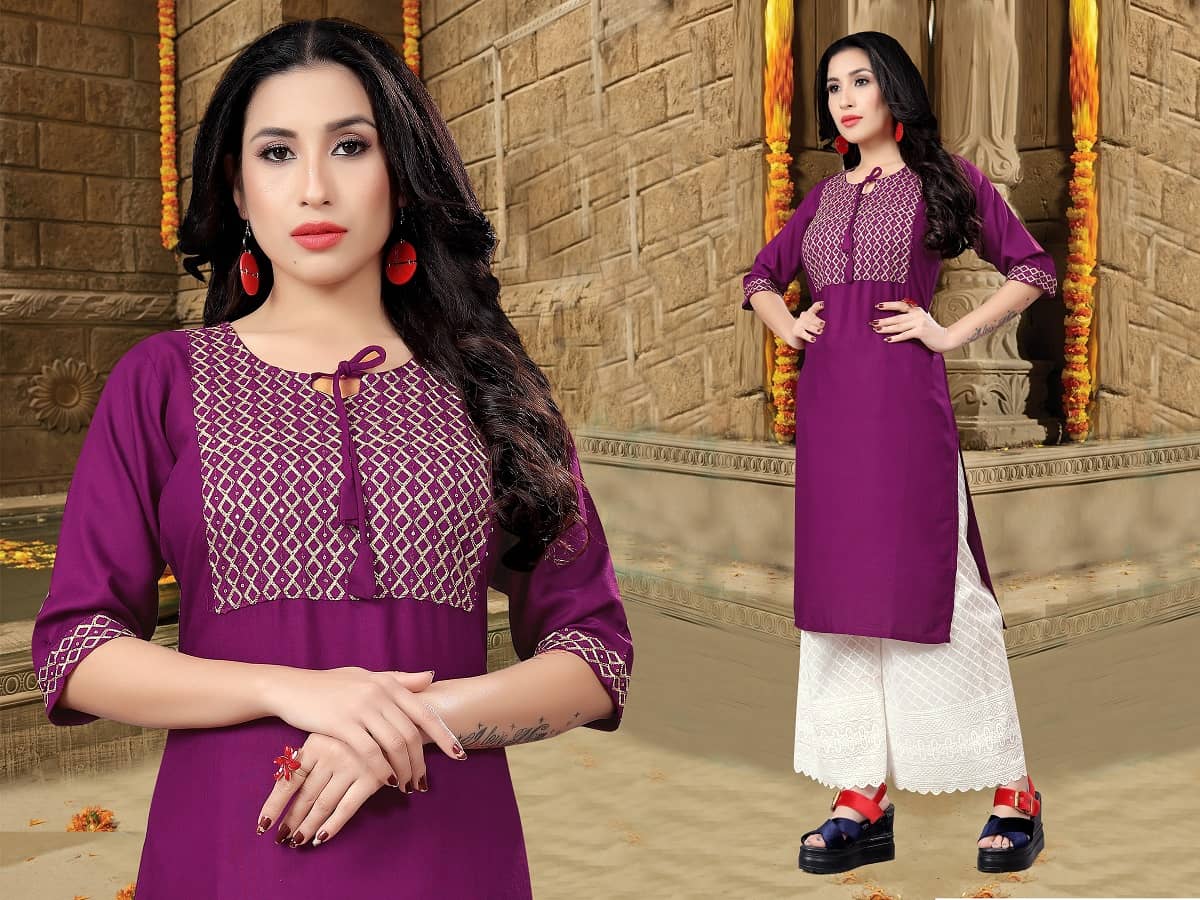 Dhruvanshi Enterprise - Purple Rayon Women's Straight Kurti - Kurtis, Tunics | Buy online on ZillyBuy