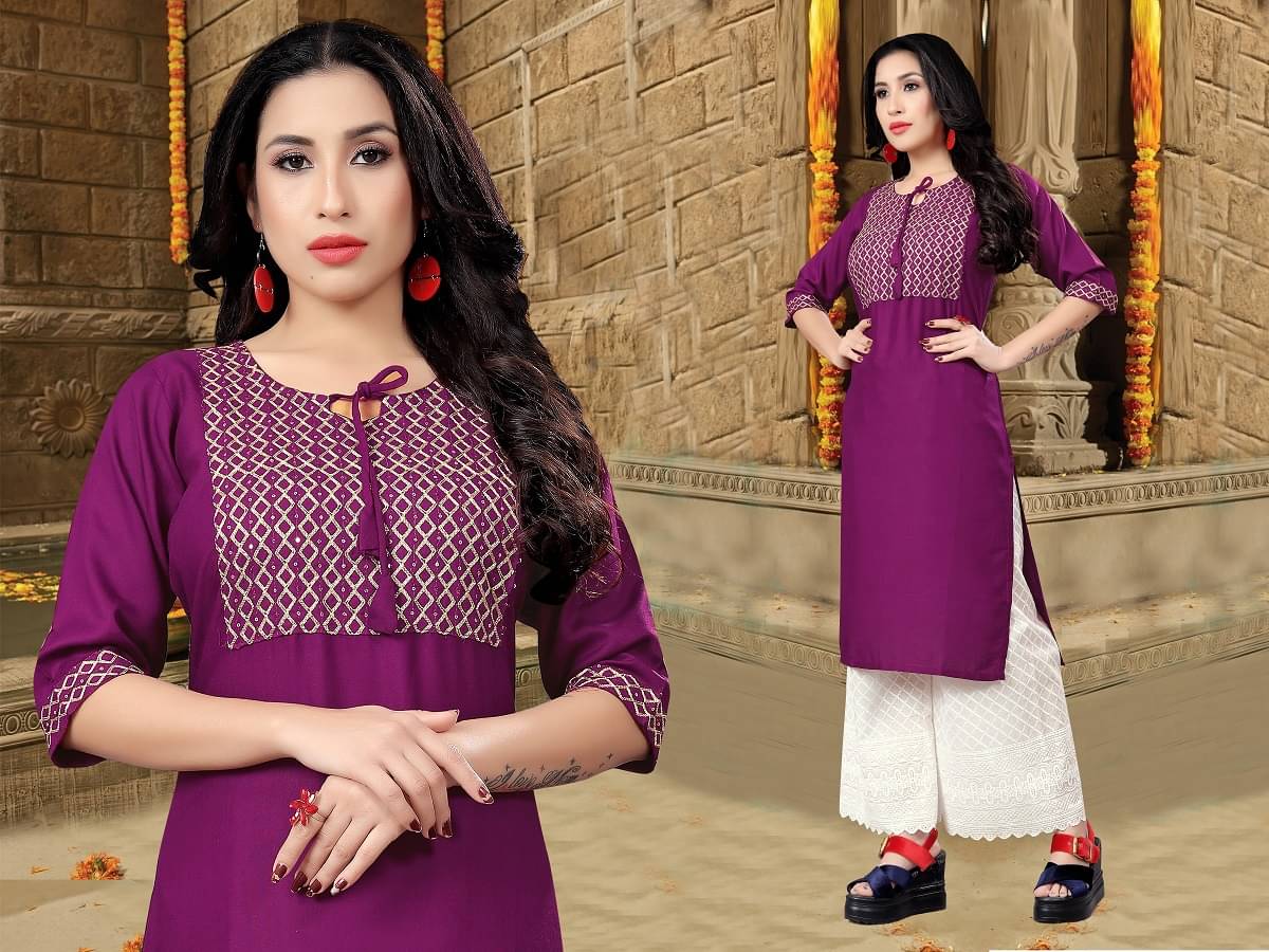 Dhruvanshi Enterprise - Purple Rayon Women's Straight Kurti Dhruvanshi Enterprise - Purple Rayon Women's Straight Kurti