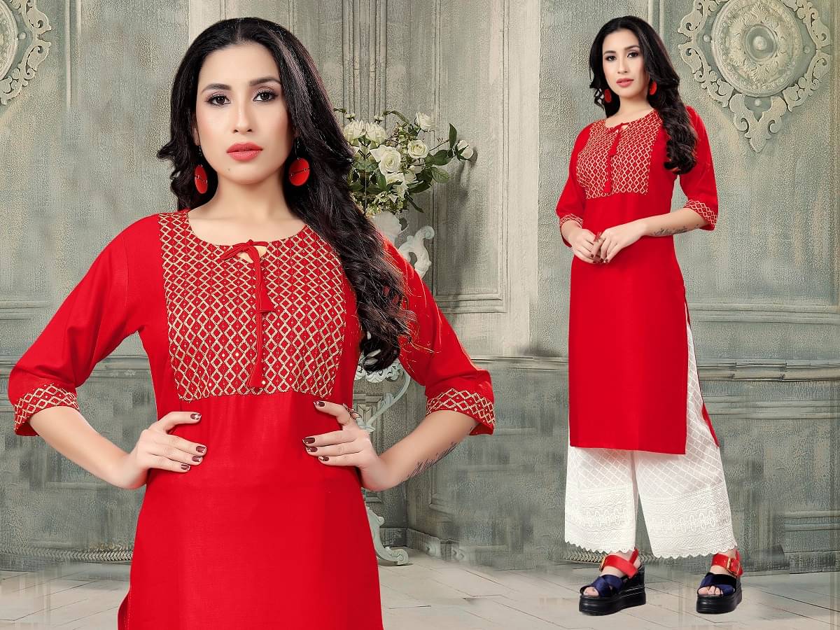 Dhruvanshi Enterprise - Red Rayon Women's Straight Kurti Dhruvanshi Enterprise - Red Rayon Women's Straight Kurti