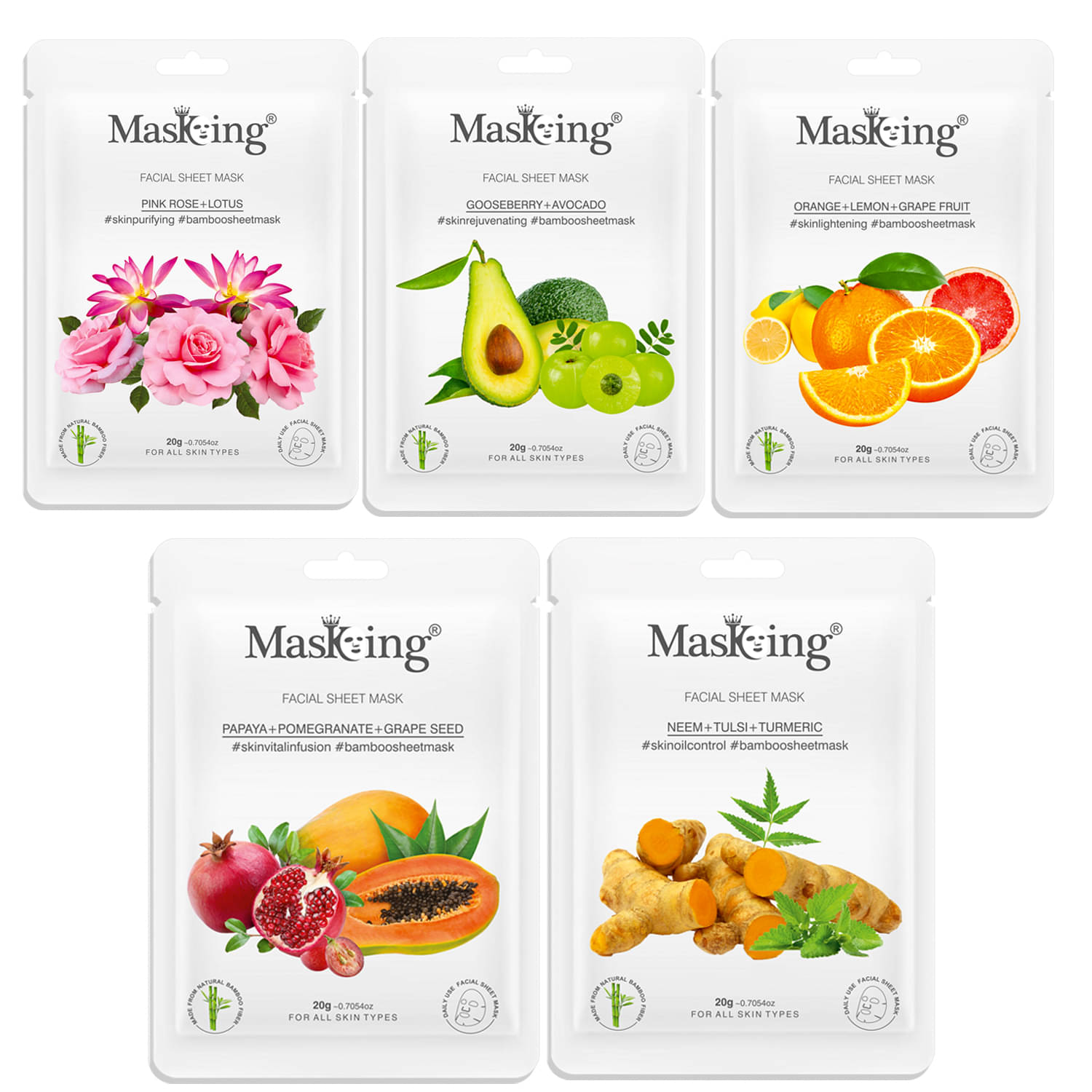 Masking Bamboo Pink Rose Gooseberry Orange Papaya Neem Face Sheet Mask 100 ml Pack of 5     			Masking Bamboo Pink Rose Gooseberry Orange Papaya Neem Face Sheet Mask 100 ml Pack of 5