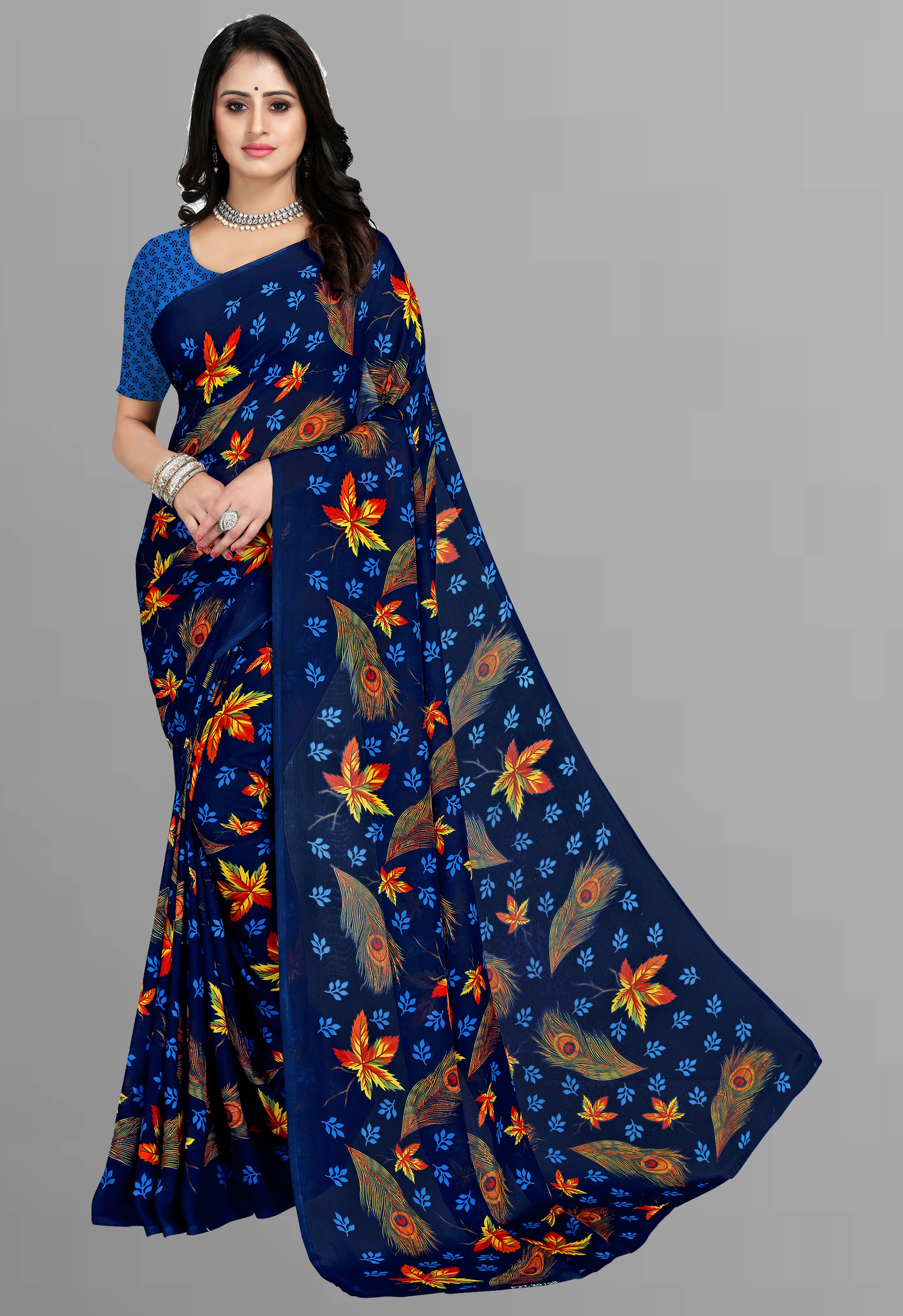 ANAND SAREES Georgette Printed Saree With Unstitched Blouse Piece ( Blue ) - Sarees | Buy online on ZillyBuy