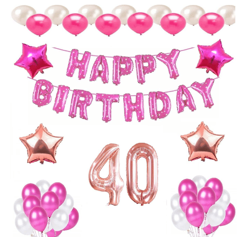     			Blooms Mall 1 Pc Happy Birthday Foil Banner (Pink), 2 pcs Rose Gold   foil star + 2 pcs Pink  star foil, 30 Pcs Metallic Balloons (White & Pink ) 40 No. Foil Number Rose gold