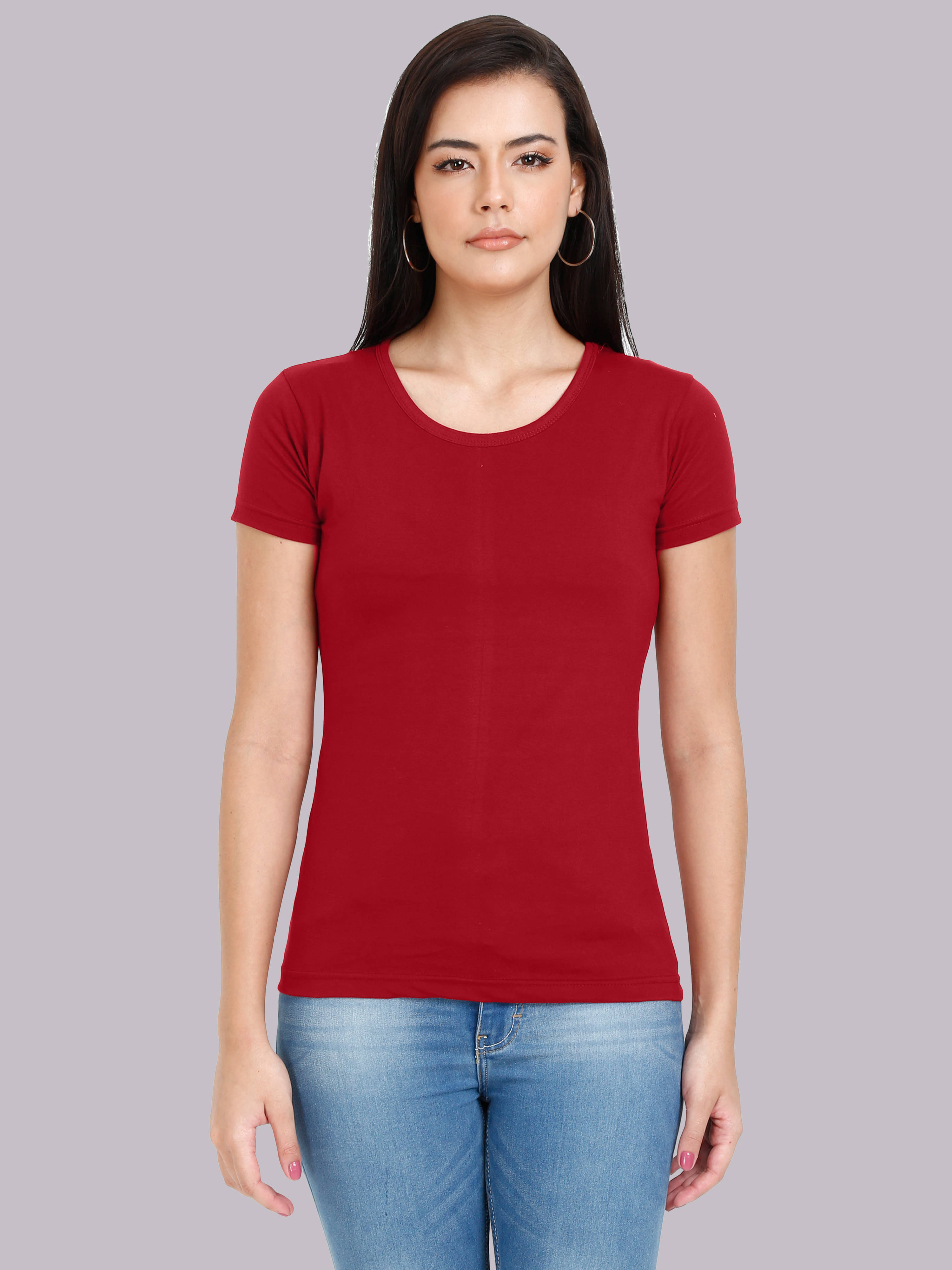 FLEXIMAA Women Cotton Solid Regular Fit Round Neck T-Shirt ( Maroon ) FLEXIMAA Women Cotton Solid Regular Fit Round Neck T-Shirt ( Maroon )