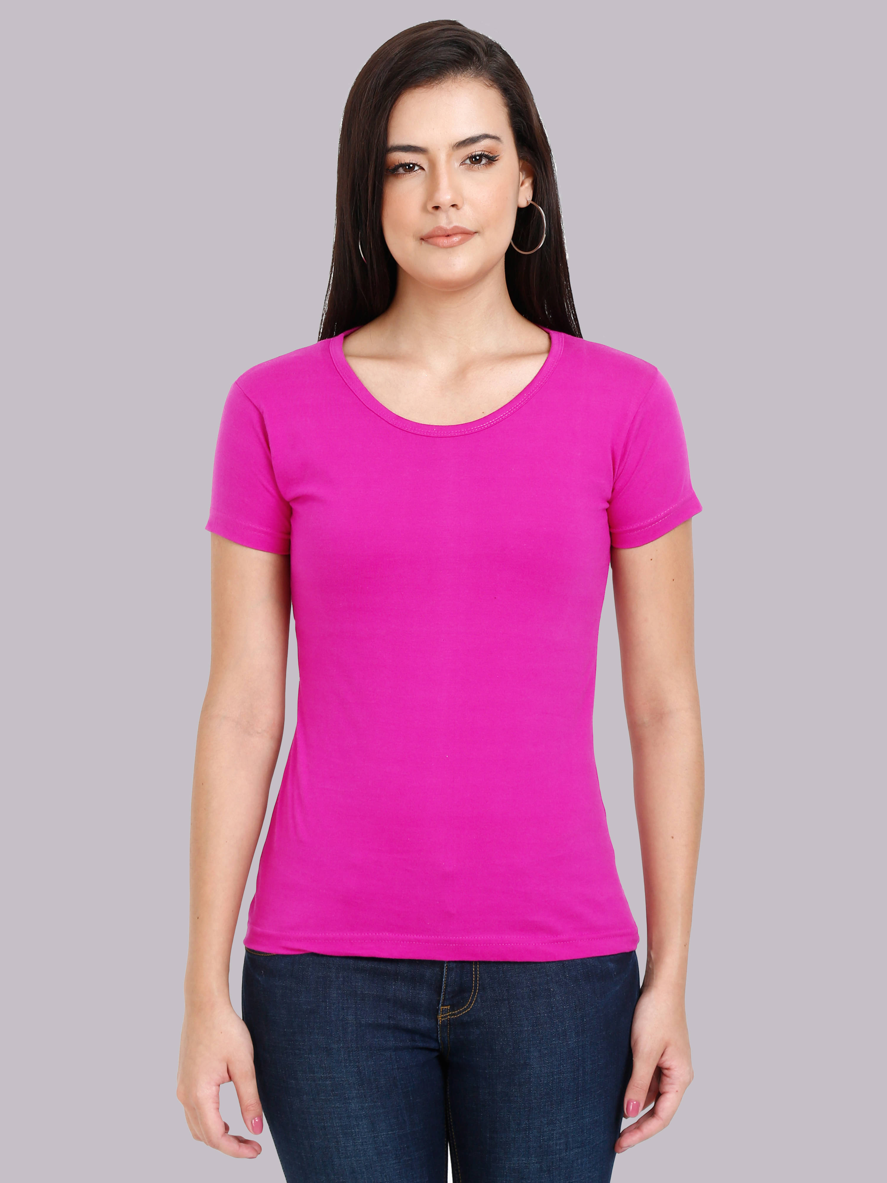     			FLEXIMAA Women Cotton Solid Regular Fit Round Neck T-Shirt ( Pink )