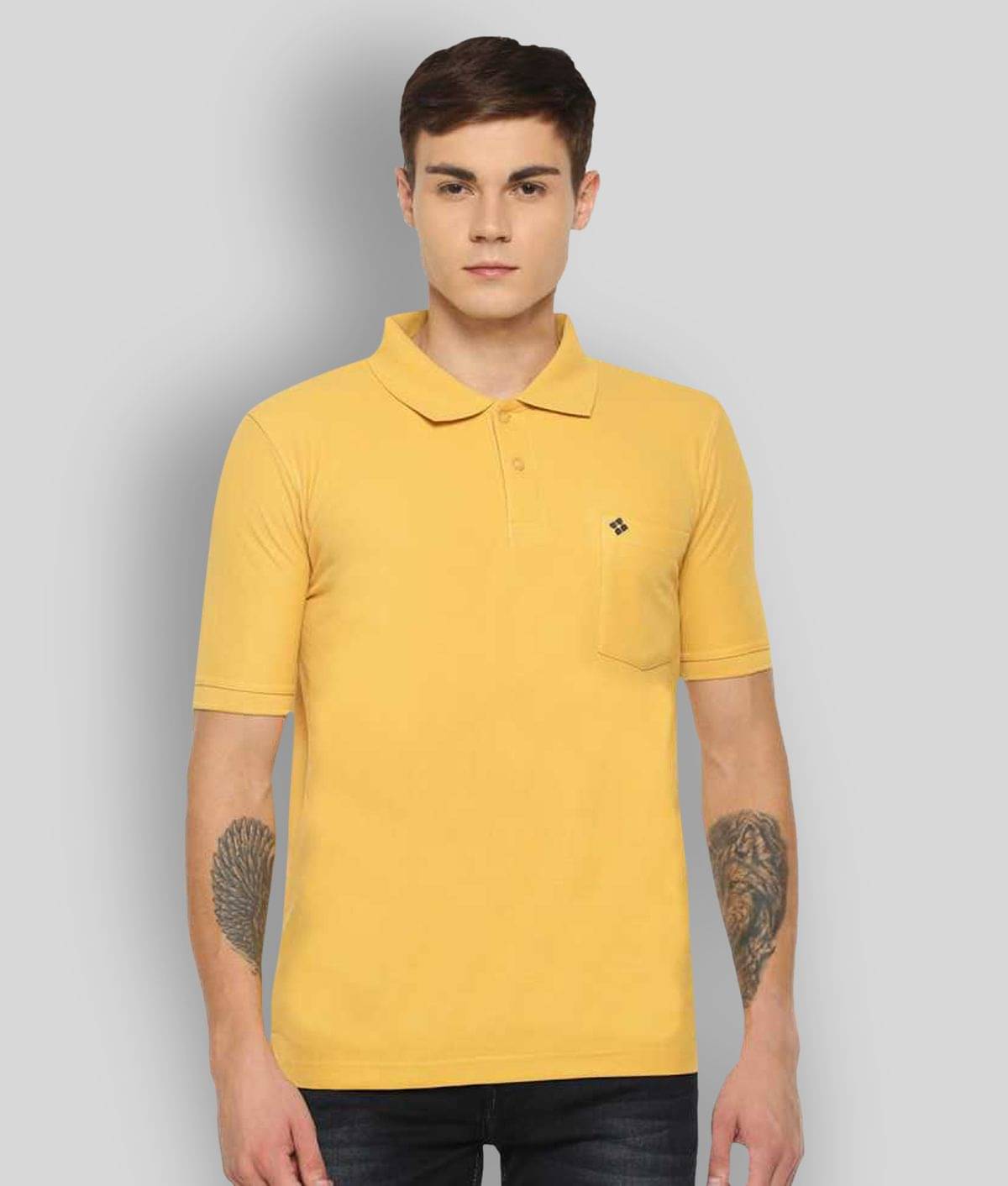Dollar - Yellow Cotton Blend Regular Fit Men's Polo T-Shirt ( Pack of 1 )     			Dollar - Yellow Cotton Blend Regular Fit Men's Polo T-Shirt ( Pack of 1 )