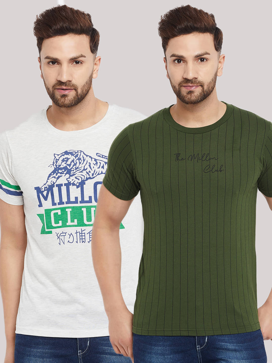 The Million Club Pack of 2 Cotton Blend Regular Fit Men's T-Shirt ( Green )