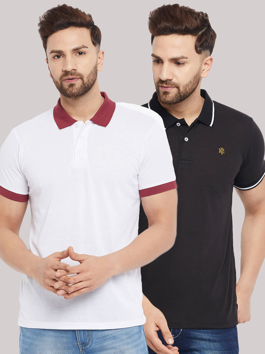 The Million Club Pack of 2 Cotton Blend Regular Fit Solid Half Sleeves Men's Polo T Shirt ( White )