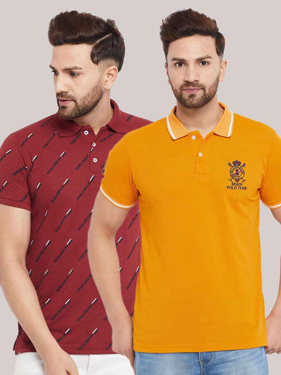 The Million Club Pack of 2 Cotton Blend Regular Fit Printed Half Sleeves Men's Polo T Shirt ( Yellow )