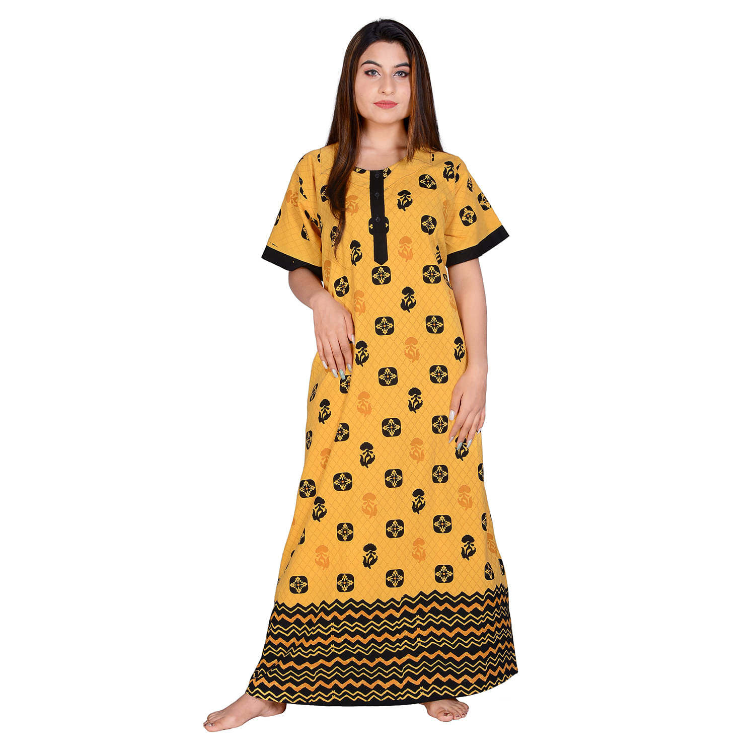    			Apratim Cotton Blend Nighty & Night Gowns - Yellow
