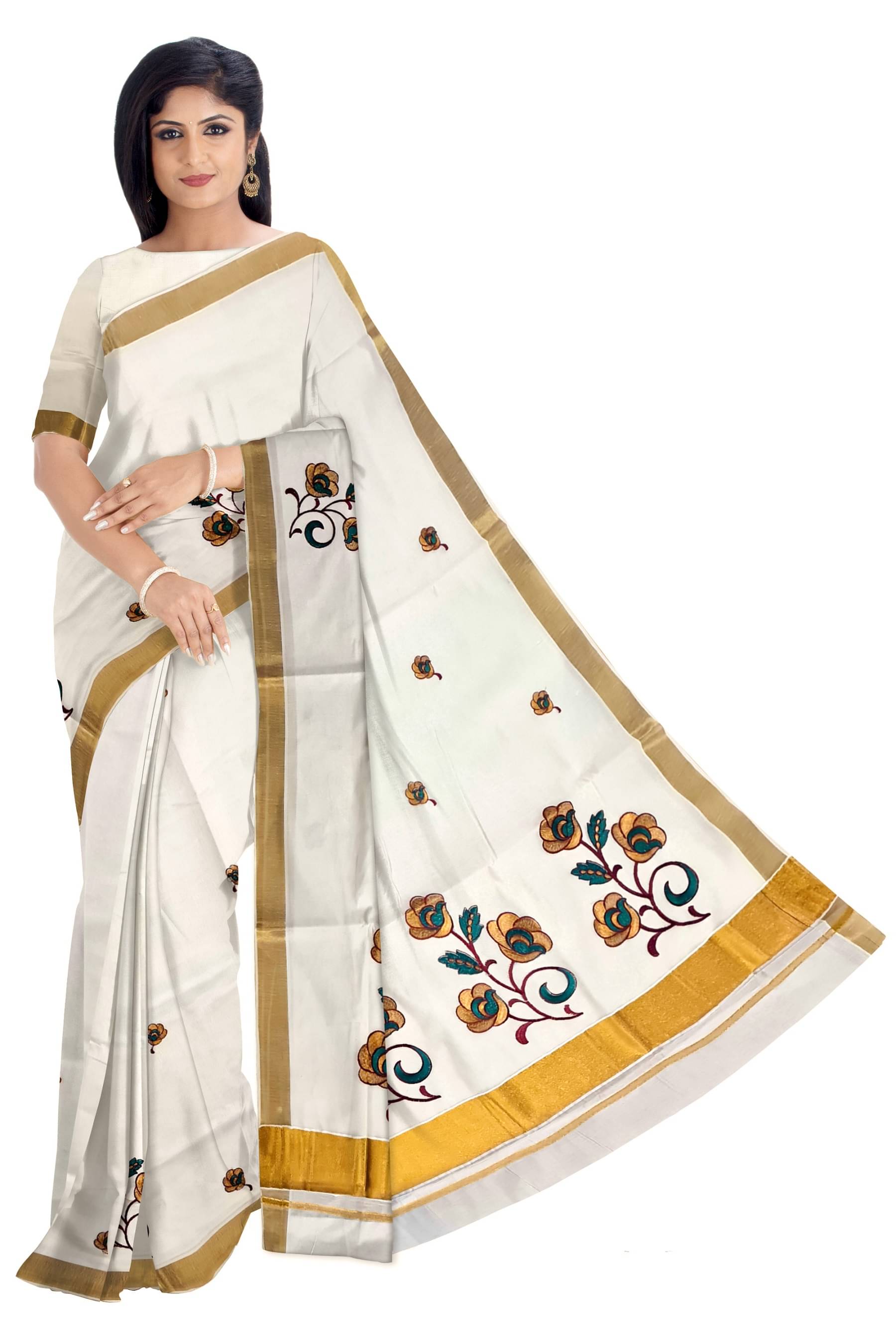 BRINDAVAN CREATIONS Kerela Cotton Embroidered Saree With Unstitched Blouse Piece ( Beige )     			BRINDAVAN CREATIONS Kerela Cotton Embroidered Saree With Unstitched Blouse Piece ( Beige )