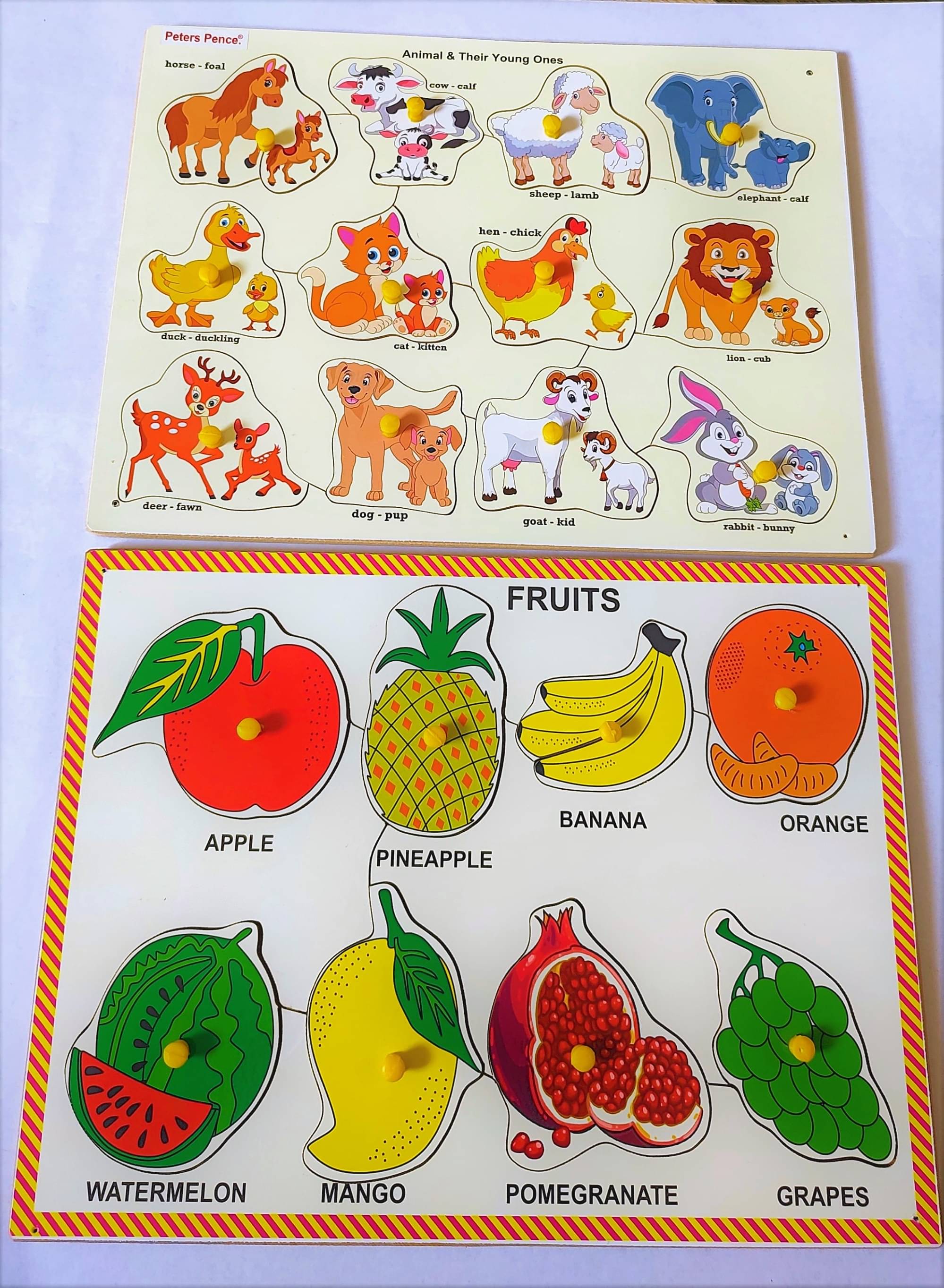 Peters Pence Wooden FRUITS & ANIMALS WITH THEIR YOUNG ONES LEARNING PUZZLE BOARD FOR KIDS PRE PRIMARY EDUCATION Peters Pence Wooden FRUITS & ANIMALS WITH THEIR YOUNG ONES LEARNING PUZZLE BOARD FOR KIDS PRE PRIMARY EDUCATION