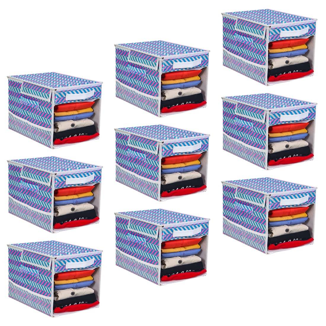     			PrettyKrafts Foldable Cloth Shirt Stacker, Cloth Wardrobe Organizer With 1 Removable Drawers,Side Net Pockets,Carrying Handle & Lid For Shirts, Sarees, Clothes,(Pack of 9),Arrow Blue