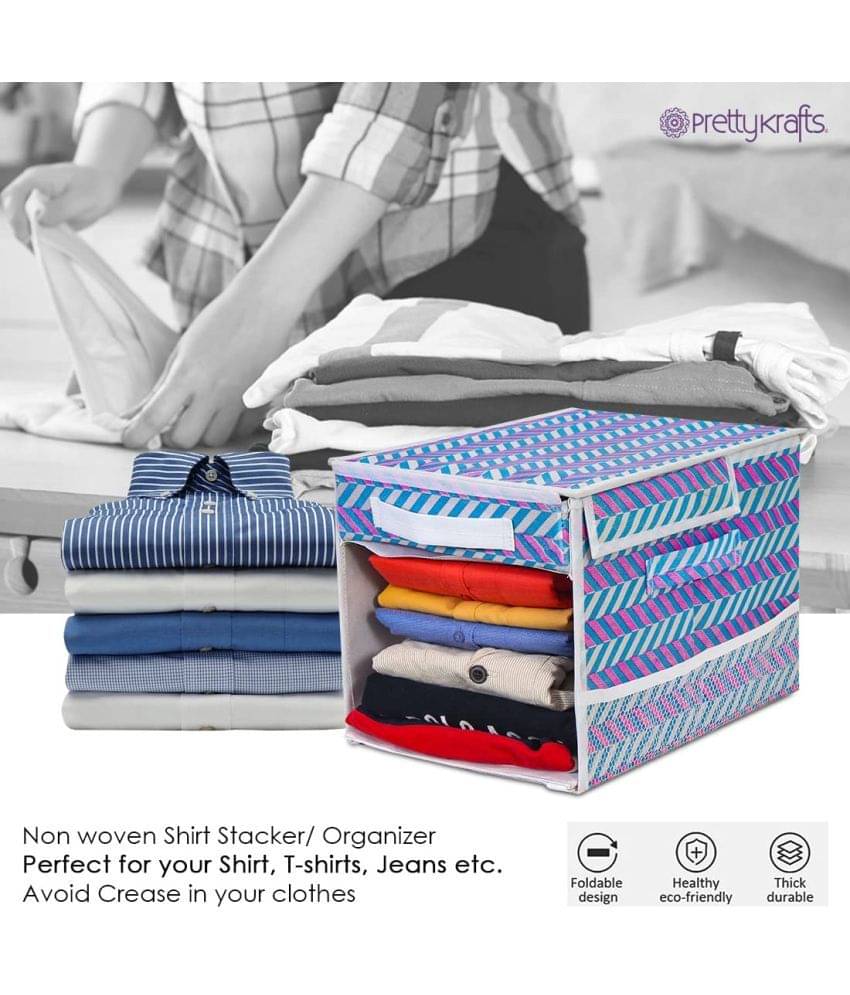     			PrettyKrafts Foldable Cloth Shirt Stacker, Cloth Wardrobe Organizer With 1 Removable Drawers,Side Net Pockets,Carrying Handle & Lid For Shirts, Sarees, Clothes, Arrow Blue