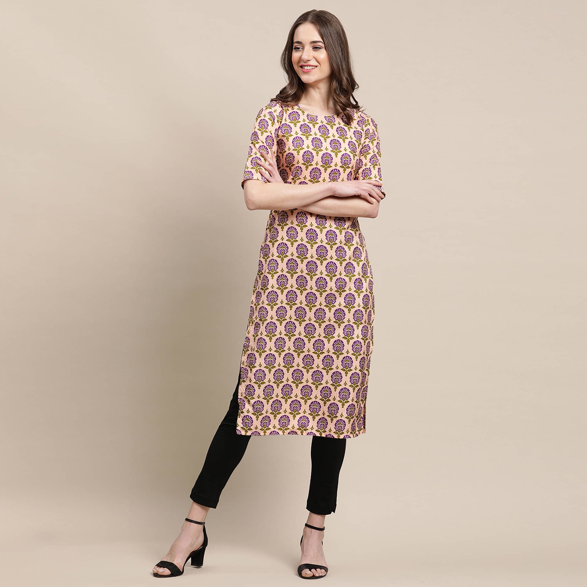     			1 Stop Fashion - Beige Crepe Women's Straight Kurti ( Pack of 1 )