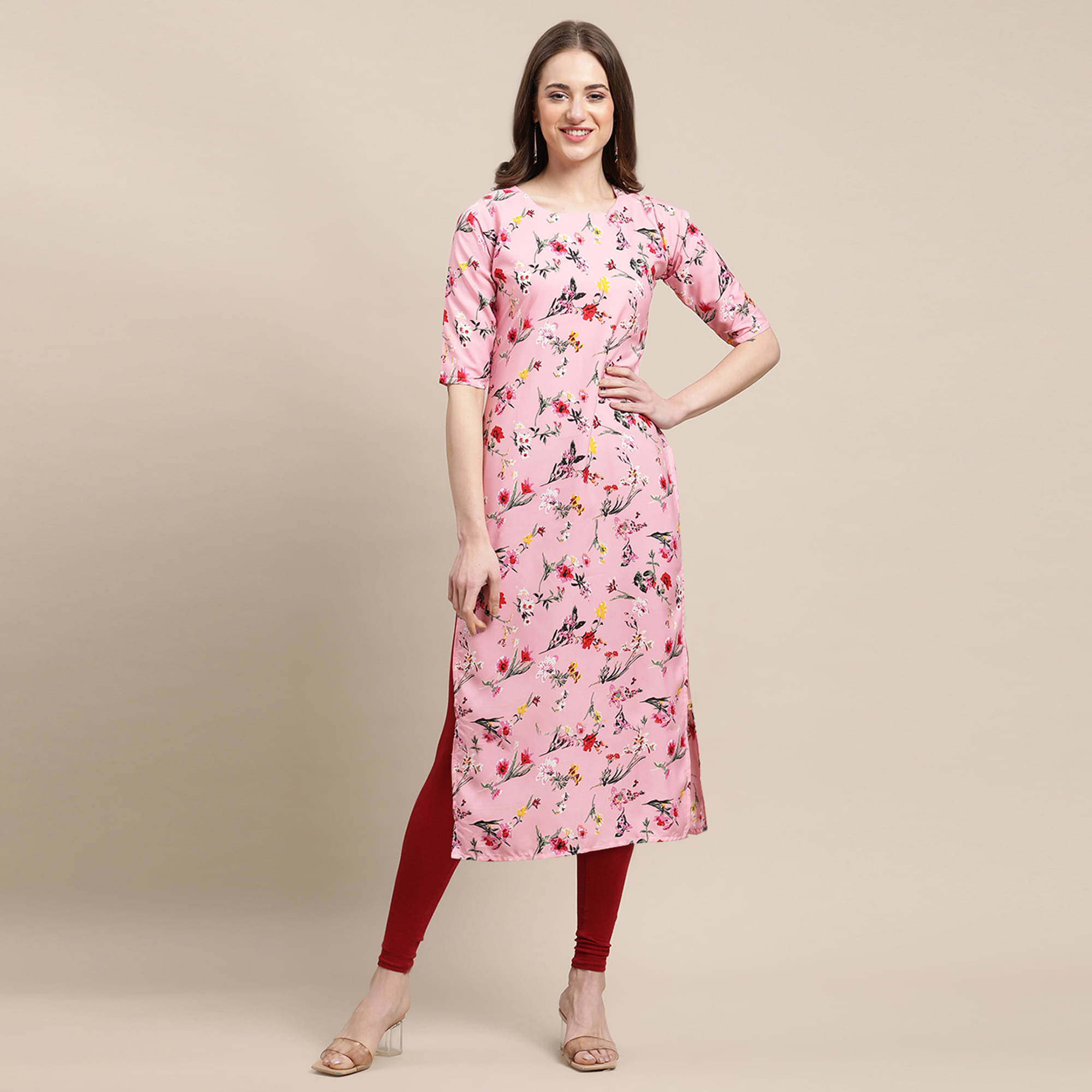     			1 Stop Fashion - Pink Crepe Women's Straight Kurti ( Pack of 1 )