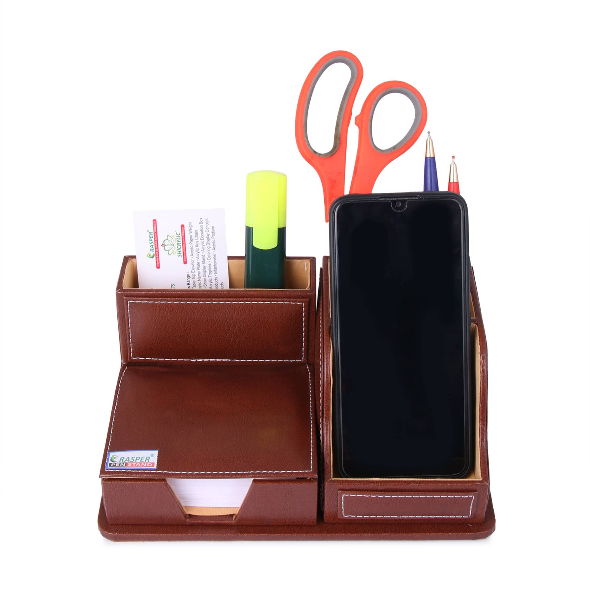 Rasper Brown Genuine Leather Multipurpose Desk Organizer With Memo Pad Holder & Mobile Stand For Office Desk Table Top Stand With Card Holder Pen Stand Stationery Organizer (9x6 Inches) - Stationery | Buy online on ZillyBuy