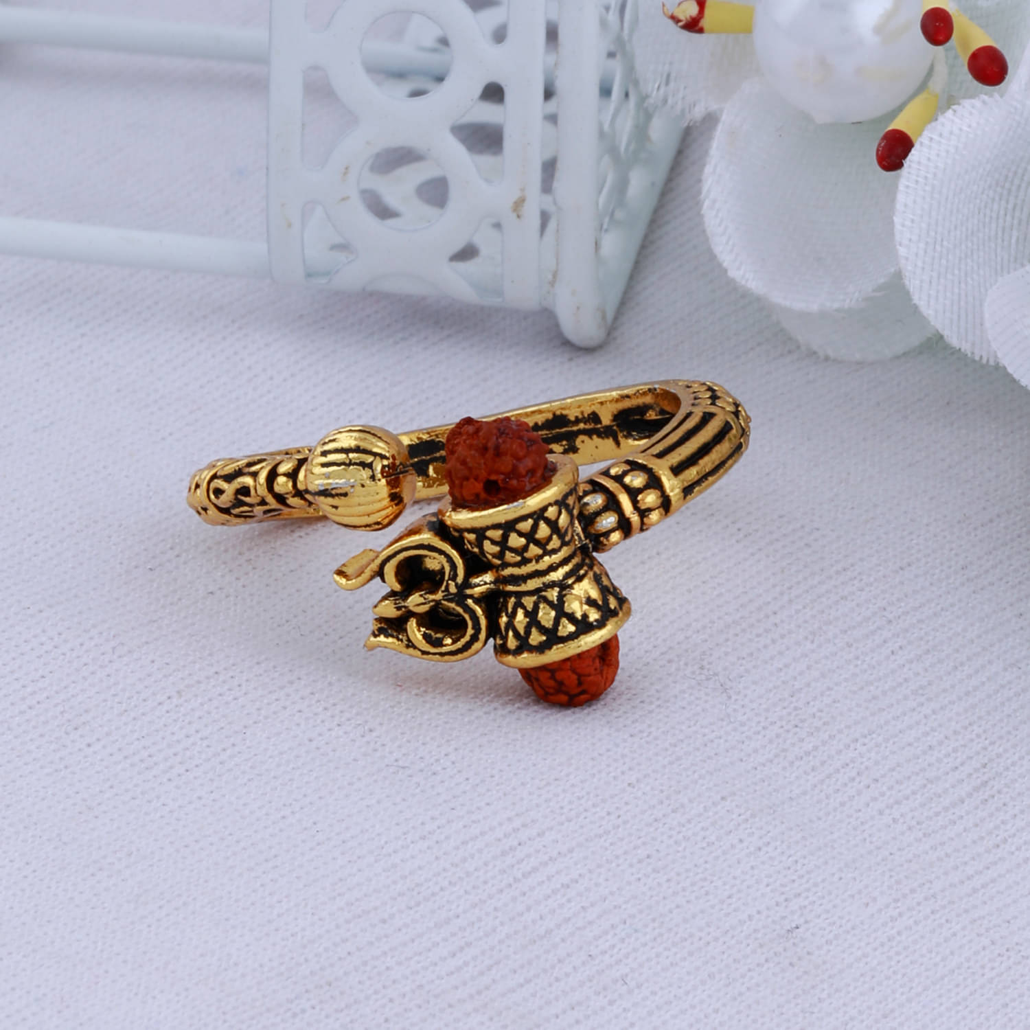 Rudraksha Trishul Damroo Designer Oxidized Gold Ring for Men & Women Rudraksha Trishul Damroo Designer Oxidized Gold Ring for Men & Women