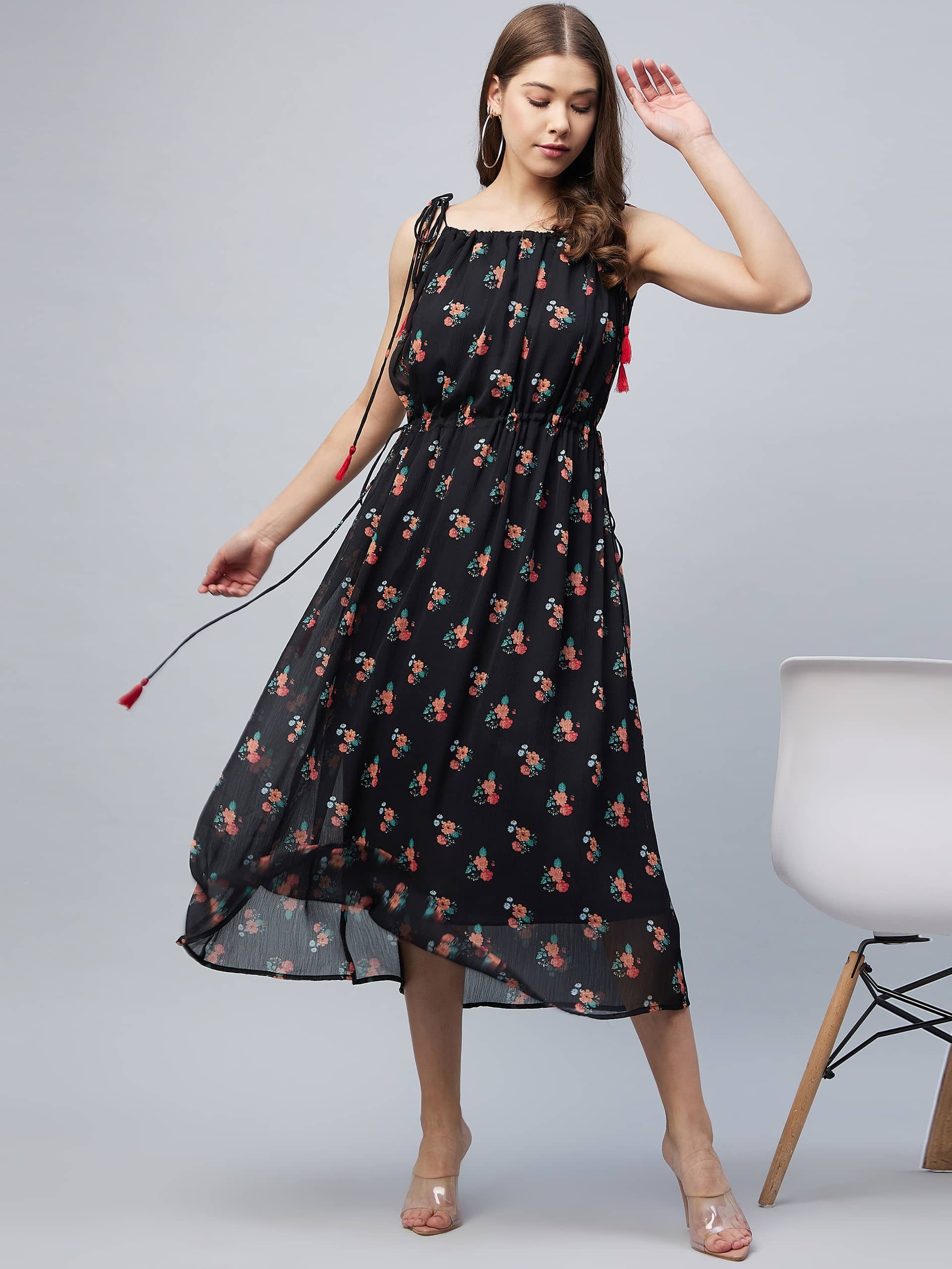 StyleStone Women Chiffon Printed Fit & Flare Dress ( Black )