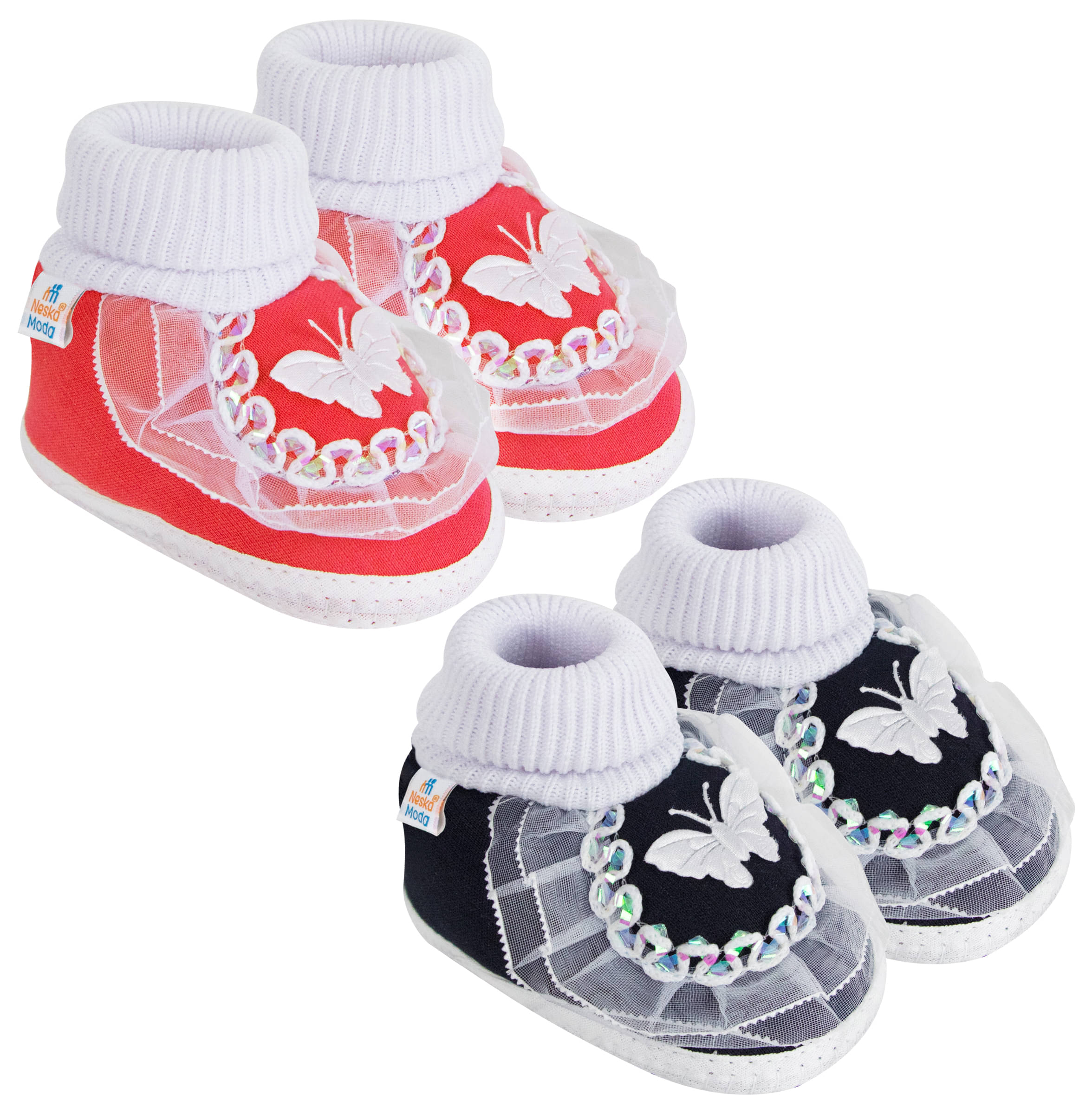     			Neska Moda Set of 2 Pair Baby Boys & Baby Girls Butterfly Frill Cotton Booties For 12 to 24 Months (Red,Black)