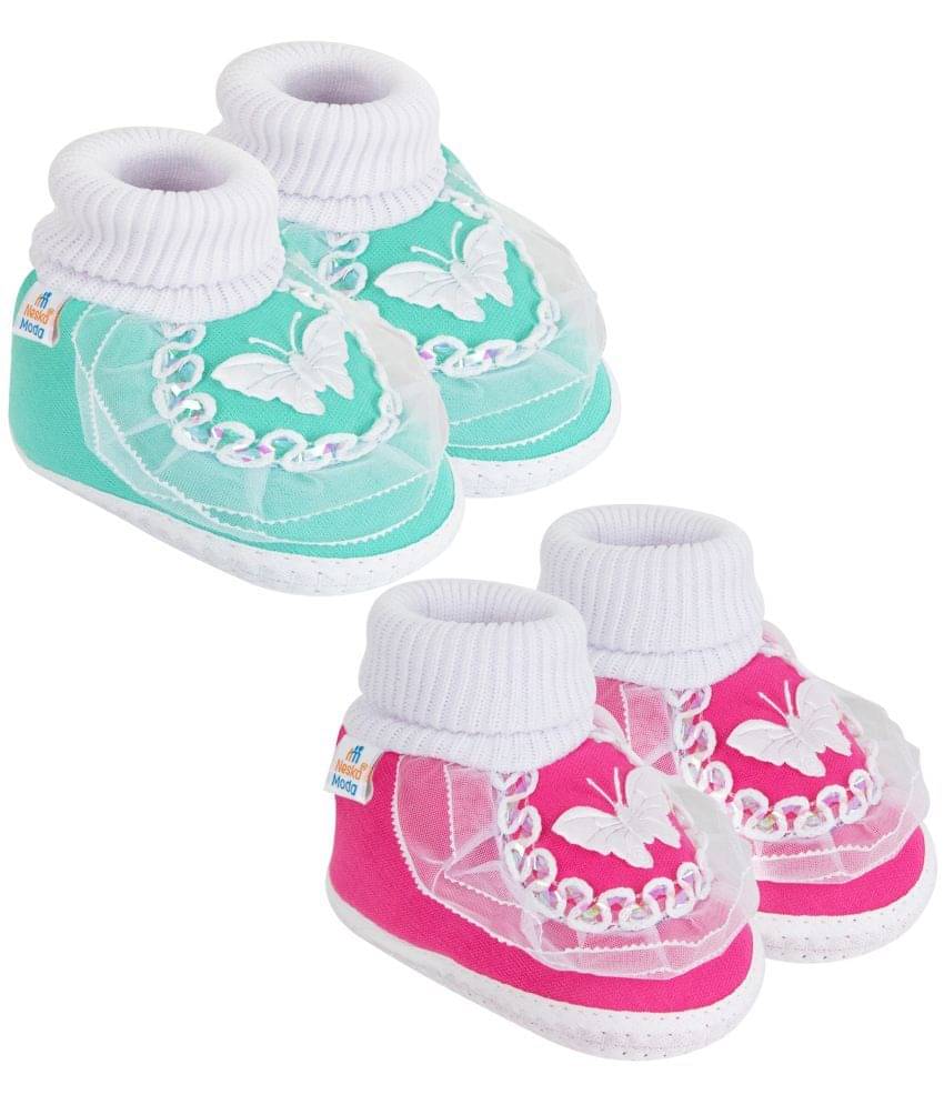     			Neska Moda Set of 2 Pair Baby Boys & Baby Girls Butterfly Frill Cotton Booties For 12 to 24 Months (Green,Pink)