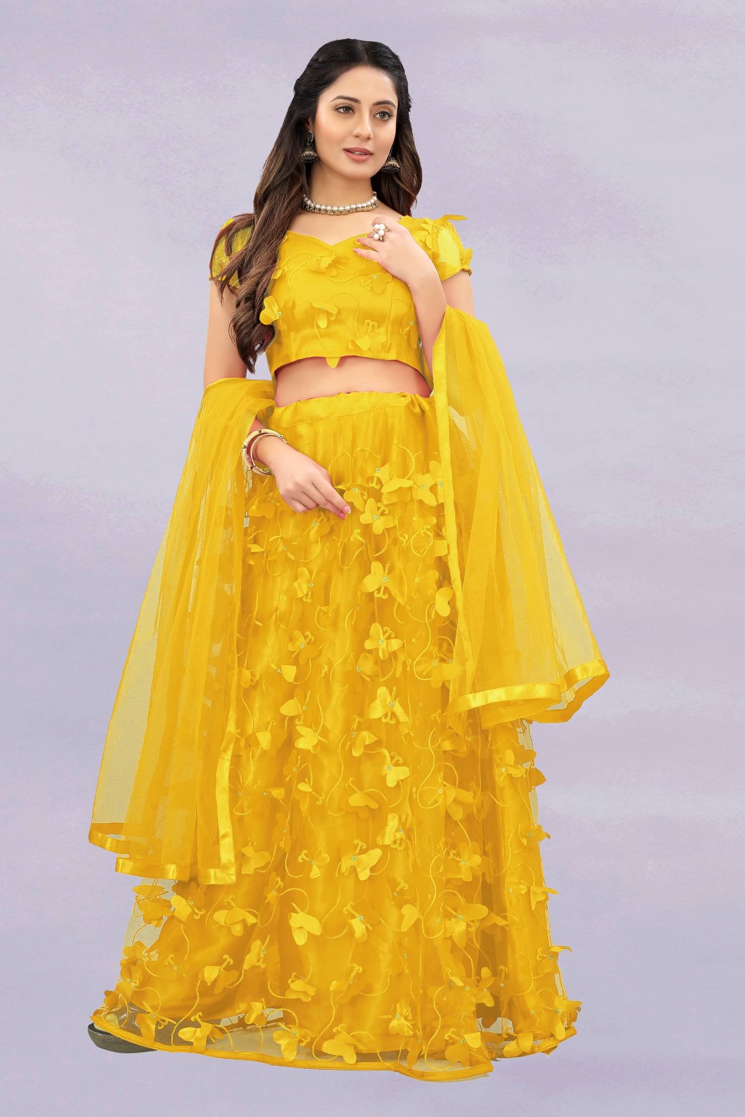     			Aika Yellow Net Chaniya Choli Semi Stitched Lehenga Single