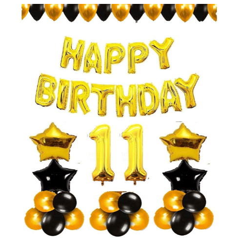     			Blooms Mall 1 Pc Happy Birthday Foil Banner (Golden), 2 pcs  Golden   foil star + 2 pcs Black   star foil, 30 Pcs Metallic Balloons (Black & Golden ),12 No. Foil Number Golden