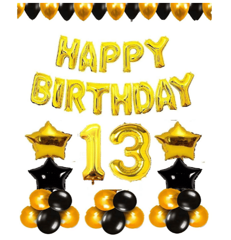     			Blooms Mall 1 Pc Happy Birthday Foil Banner (Golden), 2 pcs  Golden   foil star + 2 pcs Black   star foil, 30 Pcs Metallic Balloons (Black & Golden ),15 No. Foil Number Golden