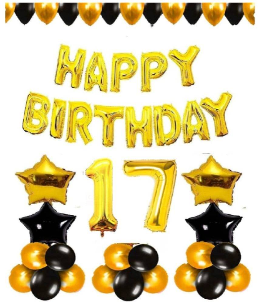     			Blooms Mall 1 Pc Happy Birthday Foil Banner (Golden), 2 pcs  Golden   foil star + 2 pcs Black   star foil, 30 Pcs Metallic Balloons (Black & Golden ), 17 No. Foil Number Golden