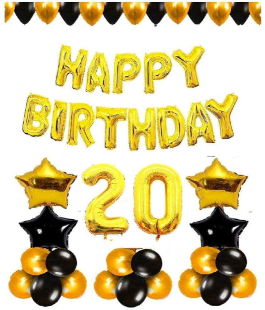     			Blooms Mall 1 Pc Happy Birthday Foil Banner (Golden), 2 pcs  Golden   foil star + 2 pcs Black   star foil, 30 Pcs Metallic Balloons (Black & Golden ), 17 No. Foil Number Golden